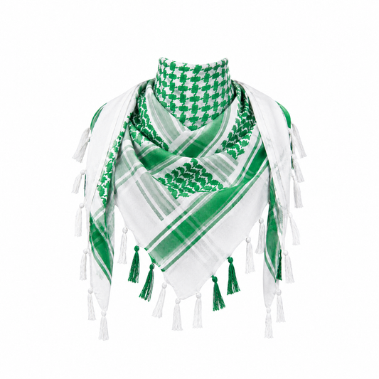 Raymass Premium White & Green Shemagh Scarf – 100% Cotton Luxury Arabic Keffiyeh for Men & Women