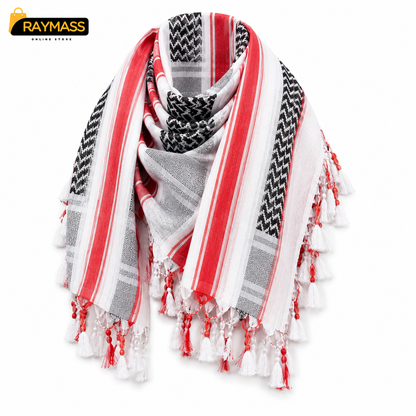 Premium White Red & Black Shemagh Scarf – Luxury Arabic Keffiyeh for Men & Women | Raymass