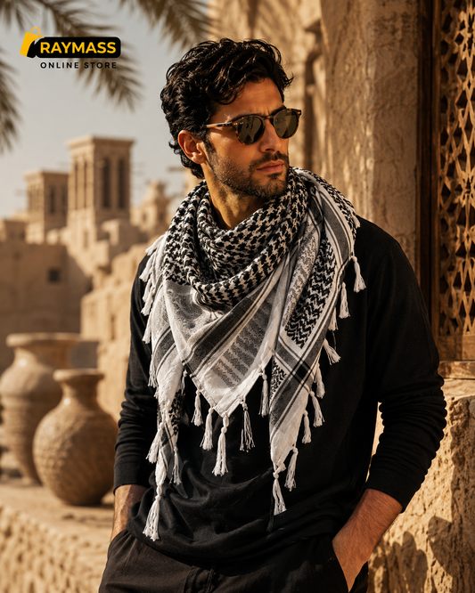 Raymass Classic Black & White Shemagh Scarf – Luxury Arabic Keffiyeh for Men & Women