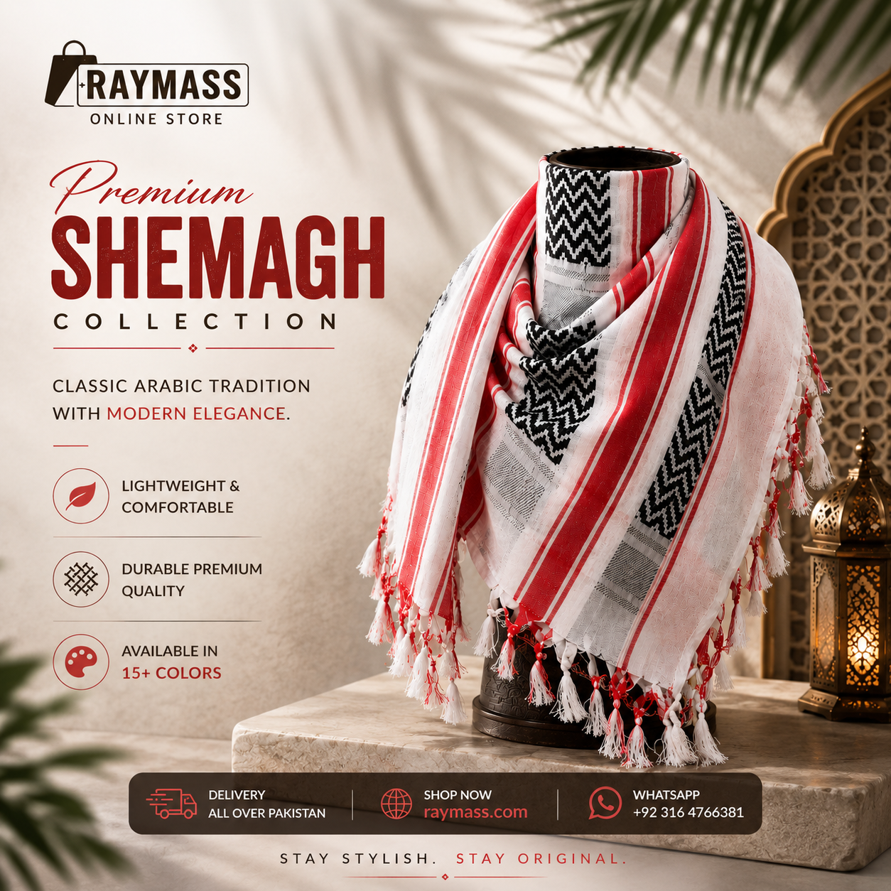 Premium White Red & Black Shemagh Scarf – Luxury Arabic Keffiyeh for Men & Women | Raymass