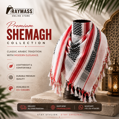 Premium White Red & Black Shemagh Scarf – Luxury Arabic Keffiyeh for Men & Women | Raymass