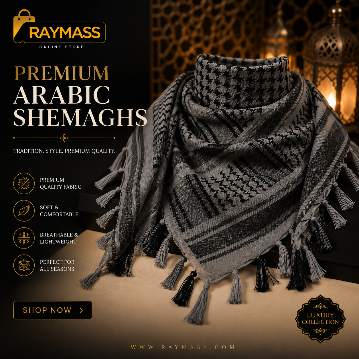 Raymass Premium Grey Shemagh Scarf – Luxury Arabic Keffiyeh for Men & Women
