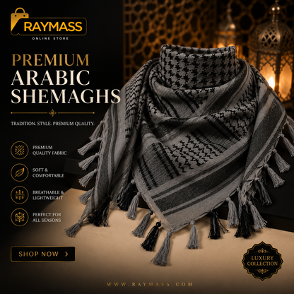 Raymass Premium Grey Shemagh Scarf – Luxury Arabic Keffiyeh for Men & Women
