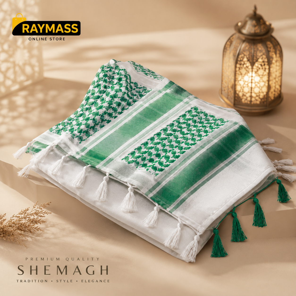 Raymass Premium White & Green Shemagh Scarf – 100% Cotton Luxury Arabic Keffiyeh for Men & Women