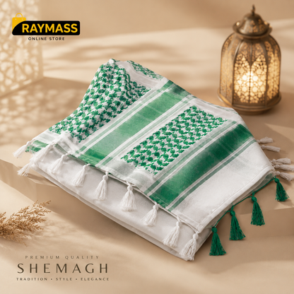 Raymass Premium White & Green Shemagh Scarf – 100% Cotton Luxury Arabic Keffiyeh for Men & Women