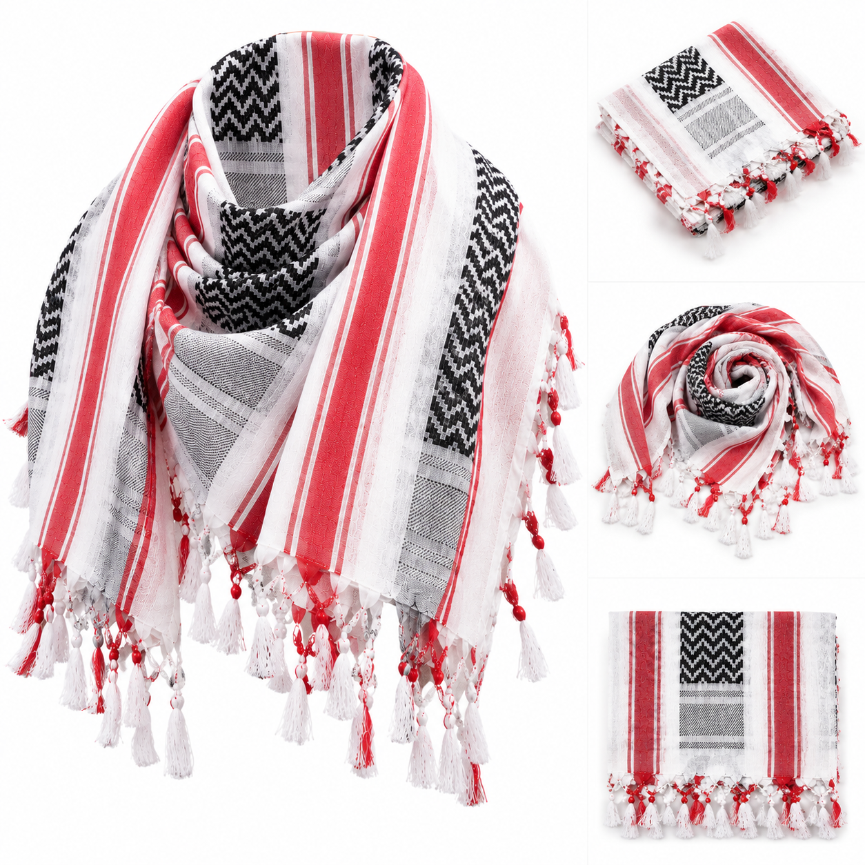 Premium White Red & Black Shemagh Scarf – Luxury Arabic Keffiyeh for Men & Women | Raymass