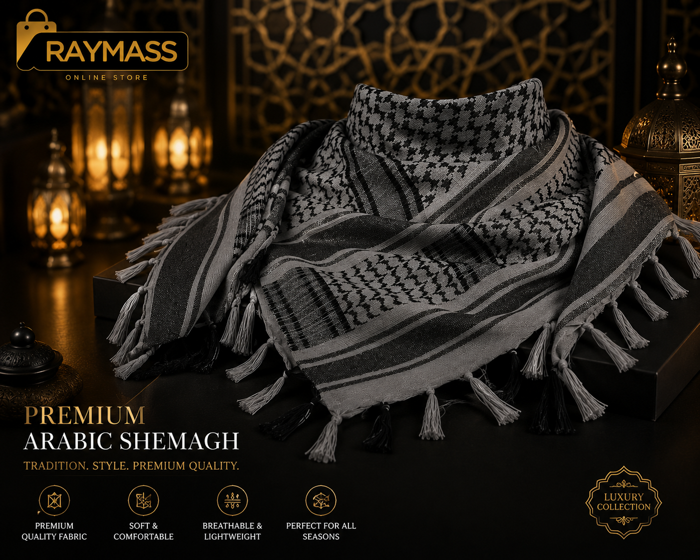 Raymass Premium Grey Shemagh Scarf – Luxury Arabic Keffiyeh for Men & Women