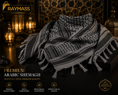 Raymass Premium Grey Shemagh Scarf – Luxury Arabic Keffiyeh for Men & Women