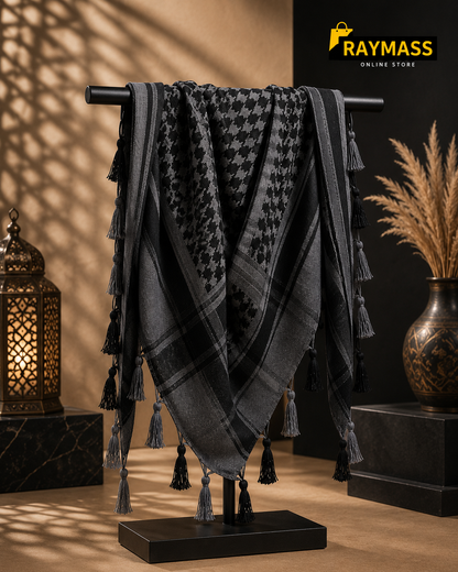 Raymass Premium Black & Grey Shemagh Scarf – Luxury Arabic Keffiyeh for Men & Women
