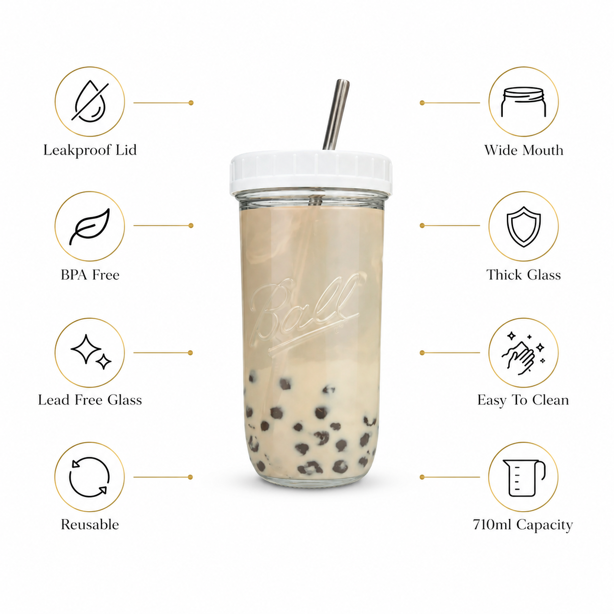 710ml Boba Glass Cup With Lid & Straw