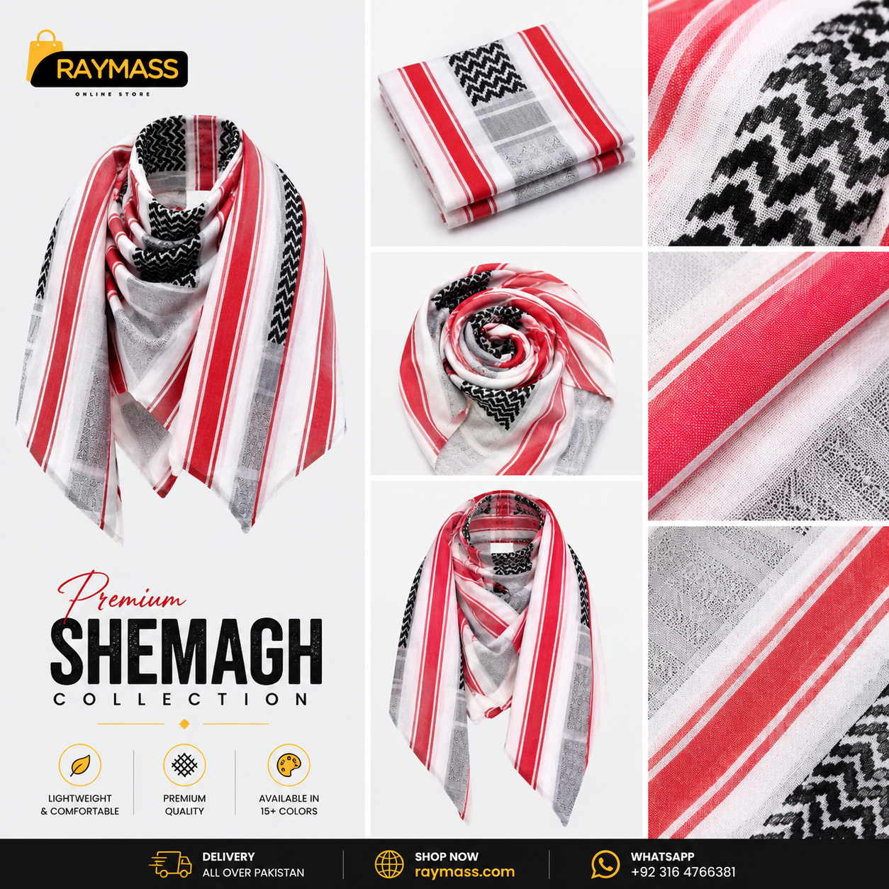 Premium White Red & Black Shemagh Scarf – Luxury Arabic Keffiyeh for Men & Women | Raymass