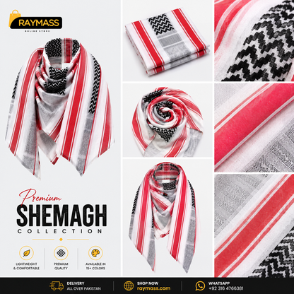 Premium White Red & Black Shemagh Scarf – Luxury Arabic Keffiyeh for Men & Women | Raymass