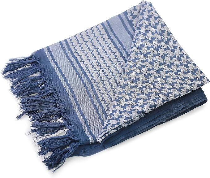 Raymass Premium White & Blue Shemagh Scarf – 100% Cotton Luxury Arabic Keffiyeh for Men & Women