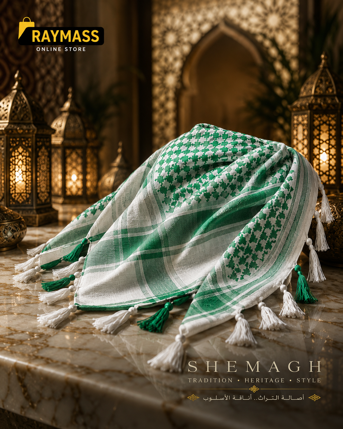 Raymass Premium White & Green Shemagh Scarf – 100% Cotton Luxury Arabic Keffiyeh for Men & Women