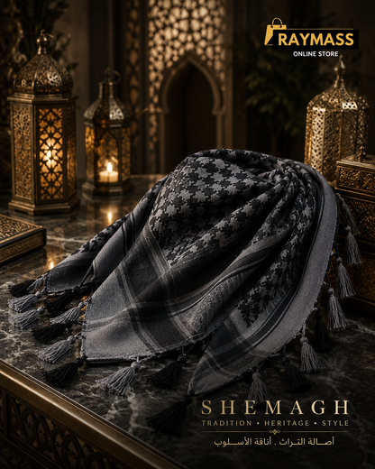 Raymass Premium Black & Grey Shemagh Scarf – Luxury Arabic Keffiyeh for Men & Women