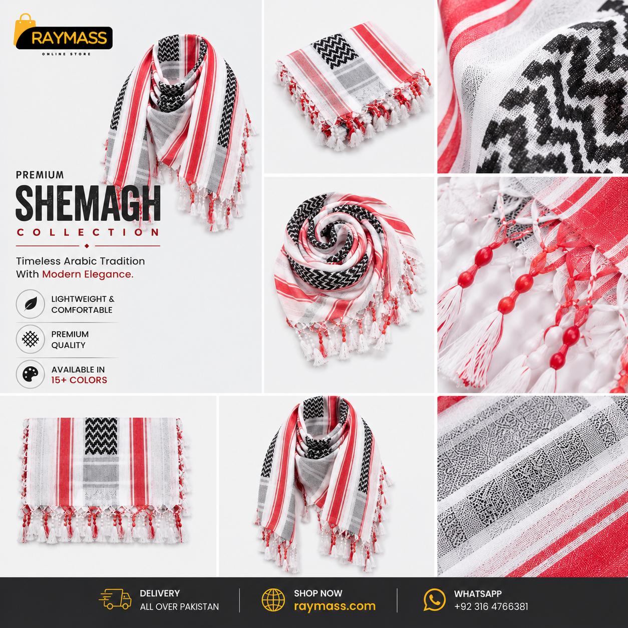 Premium White Red & Black Shemagh Scarf – Luxury Arabic Keffiyeh for Men & Women | Raymass