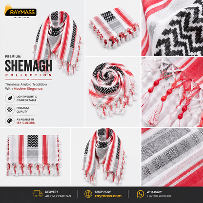 Premium White Red & Black Shemagh Scarf – Luxury Arabic Keffiyeh for Men & Women | Raymass