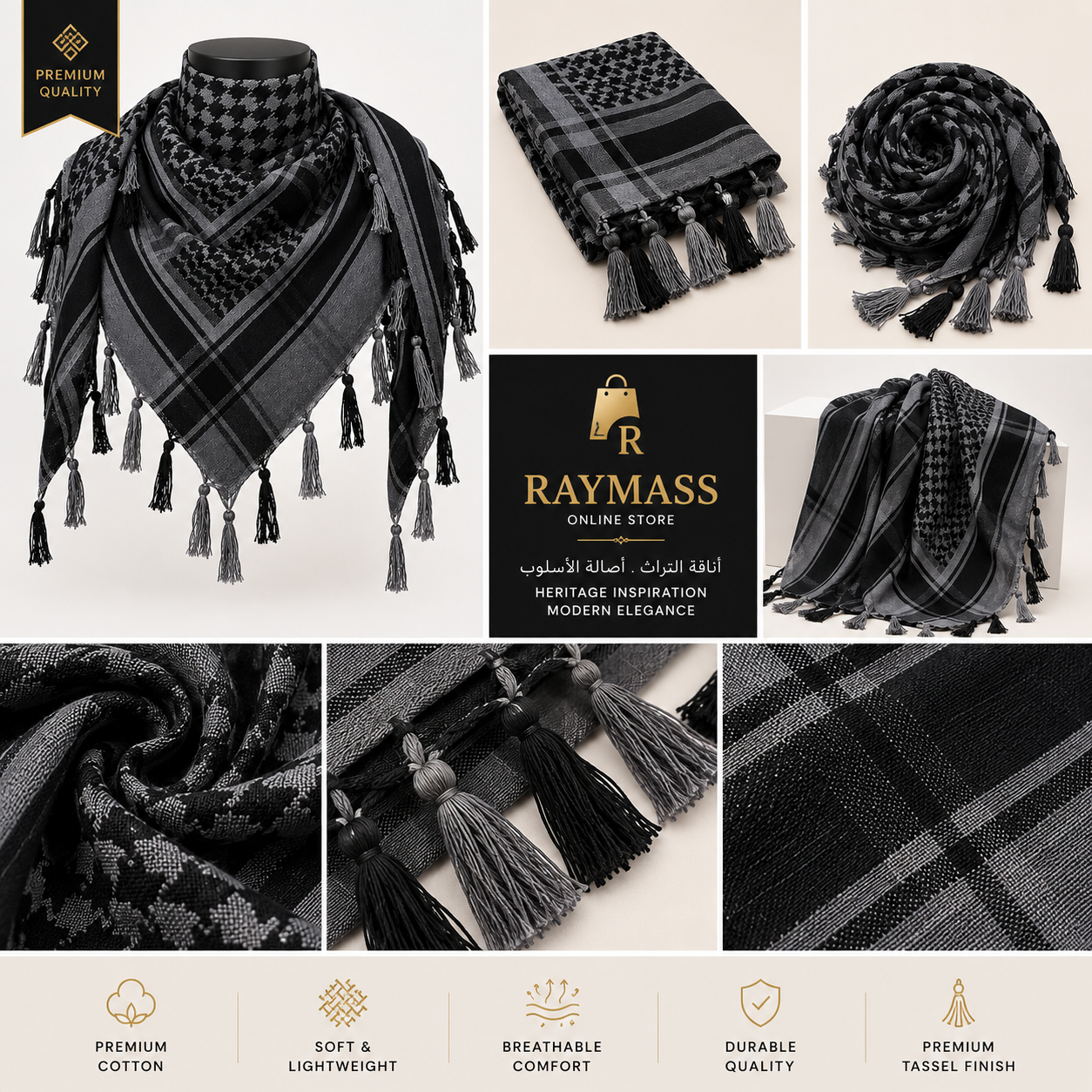 Raymass Premium Black & Grey Shemagh Scarf – Luxury Arabic Keffiyeh for Men & Women