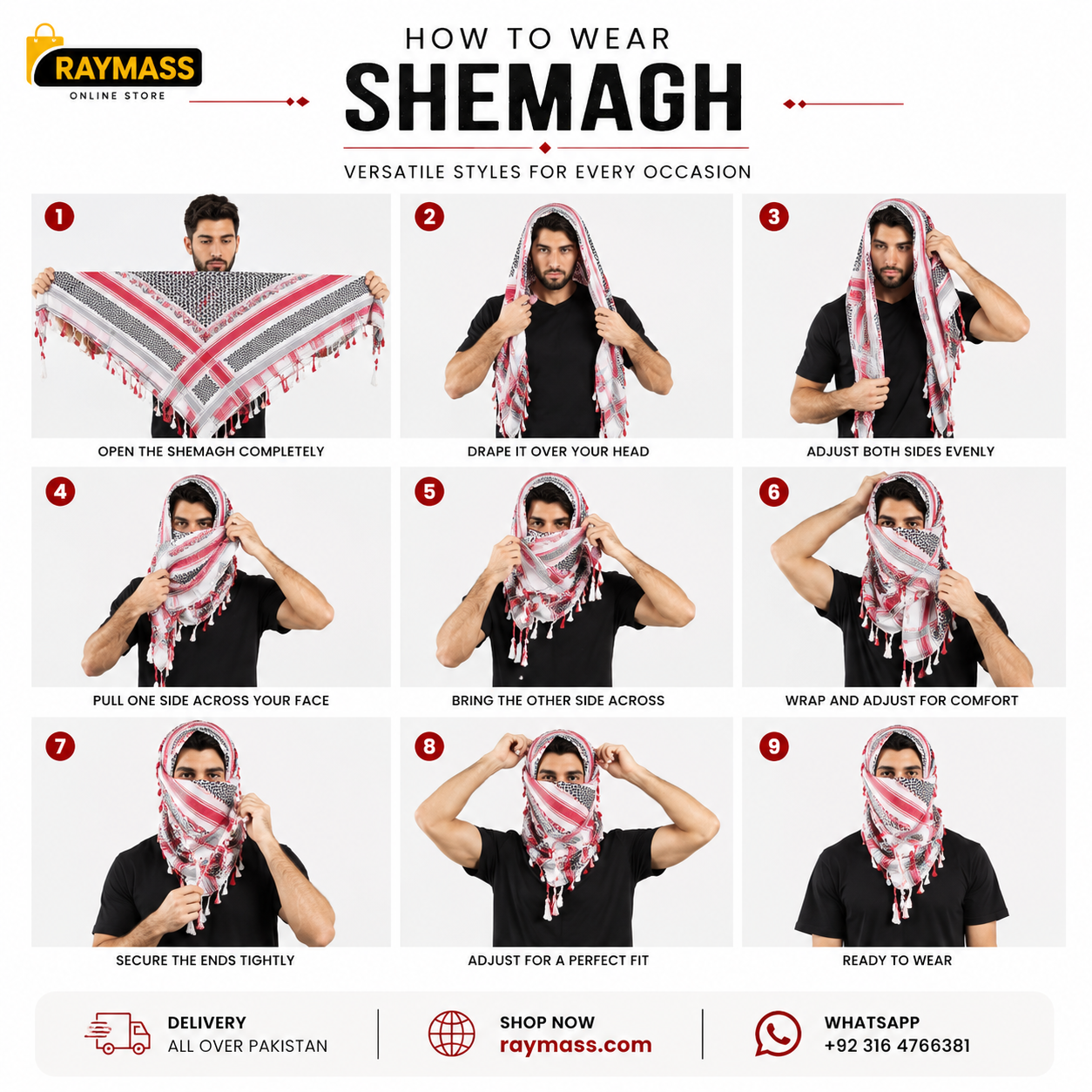 Premium White Red & Black Shemagh Scarf – Luxury Arabic Keffiyeh for Men & Women | Raymass