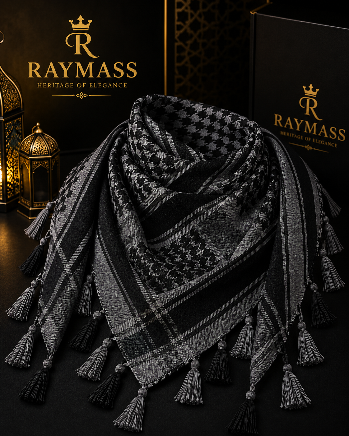 Raymass Premium Black & Grey Shemagh Scarf – Luxury Arabic Keffiyeh for Men & Women