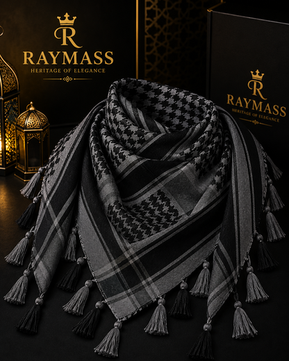 Raymass Premium Black & Grey Shemagh Scarf – Luxury Arabic Keffiyeh for Men & Women