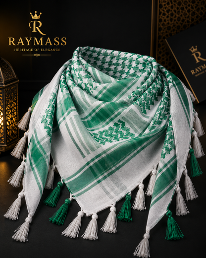 Raymass Premium White & Green Shemagh Scarf – 100% Cotton Luxury Arabic Keffiyeh for Men & Women