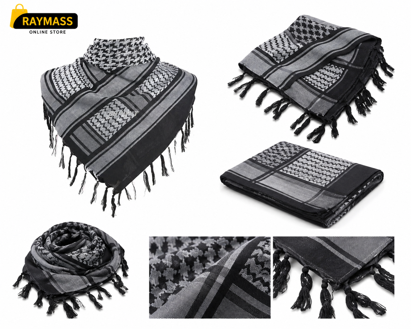 Raymass Premium Black & White Shemagh Scarf – 100% Cotton Luxury Arabic Keffiyeh for Men & Women