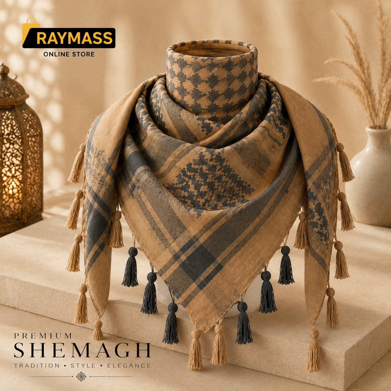 Raymass Premium Brown Shemagh Scarf – 100% Cotton Luxury Arabic Keffiyeh for Men & Women