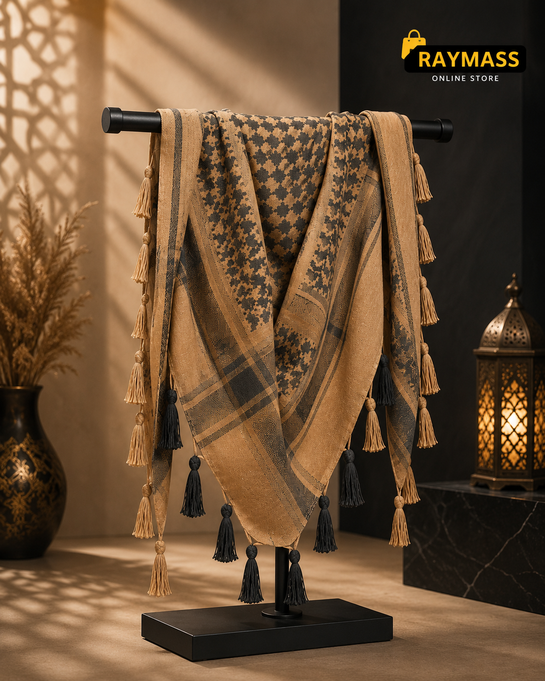 Raymass Premium Brown Shemagh Scarf – 100% Cotton Luxury Arabic Keffiyeh for Men & Women