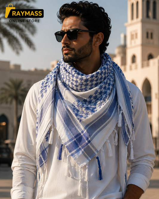 Raymass Premium White & Blue Shemagh Scarf – 100% Cotton Luxury Arabic Keffiyeh for Men & Women