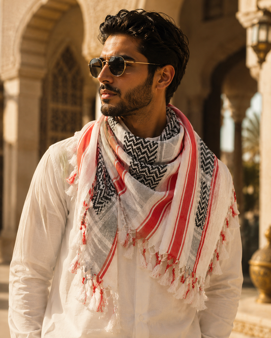 Premium White Red & Black Shemagh Scarf – Luxury Arabic Keffiyeh for Men & Women | Raymass