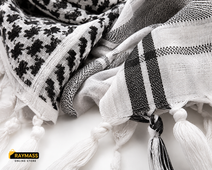 Raymass Classic Black & White Shemagh Scarf – Luxury Arabic Keffiyeh for Men & Women