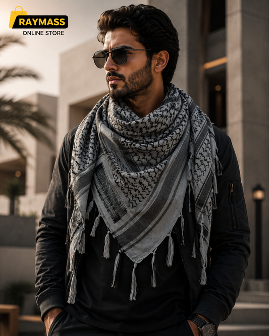 Raymass Premium Grey Shemagh Scarf – Luxury Arabic Keffiyeh for Men & Women