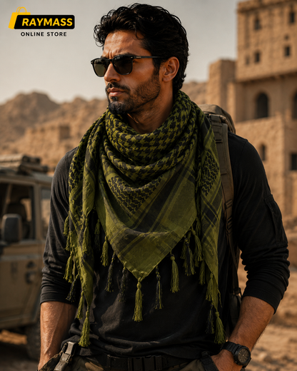 Raymass Premium Olive Green Shemagh Scarf – Luxury Arabic Keffiyeh for Men & Women