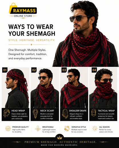 Raymass Premium Black & Red Shemagh Cotton Scarf – Luxury Arabic Keffiyeh for Men & Women