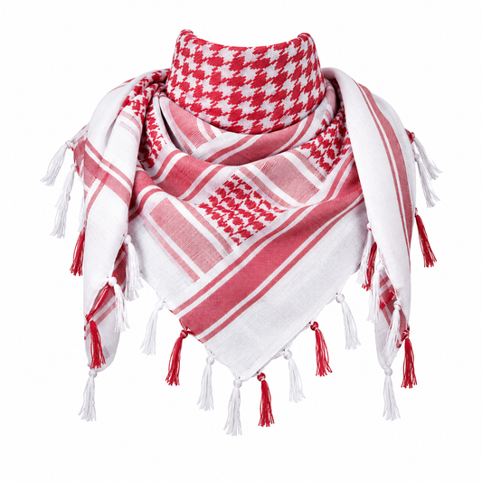 Raymass Premium White & Red Shemagh Scarf – 100% Cotton Luxury Arabic Keffiyeh for Men & Women